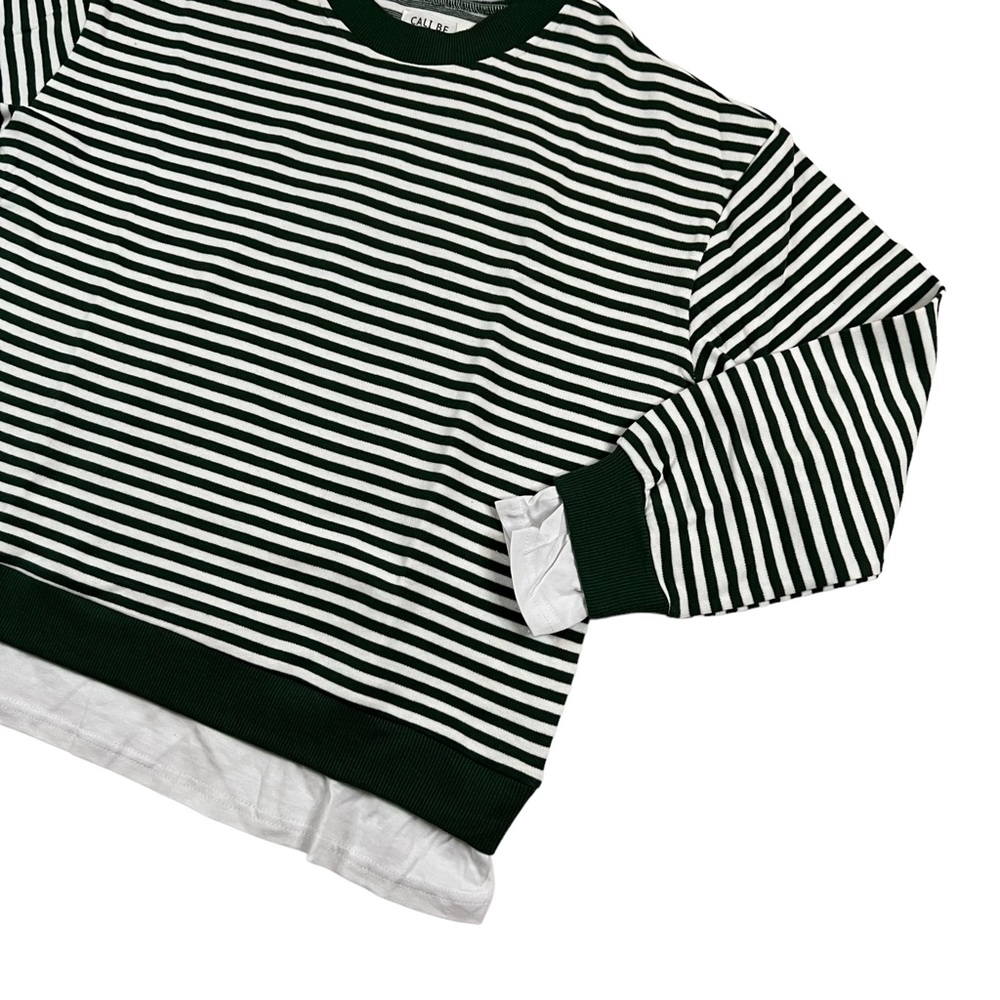 CALI BE Women’s Small Green/ White Striped Layer Look Pullover NWT. - Picture 2 of 8